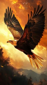 Majestic eagle soars through blazing golden sunset sky.