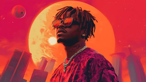 Neon-lit urban portrait against colossal crimson sun.