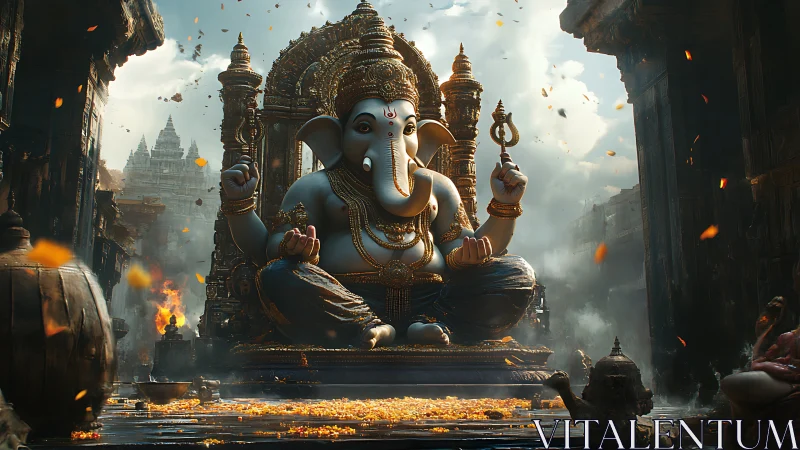 Golden temple afternoon with serene elephant deity vision.