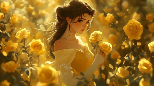 Golden haired maiden in luminous yellow rose garden.