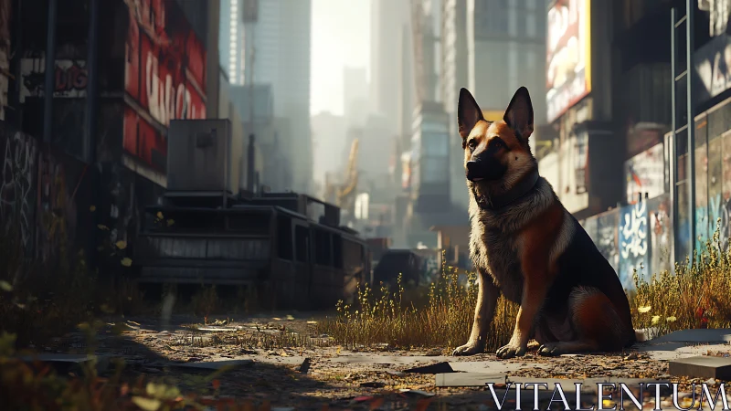 Streetwise shepherd quietly crowns an abandoned neon city