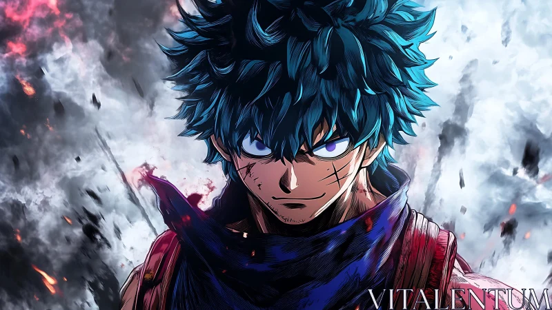 Battle-worn anime hero rendered with dynamic lighting and debris field