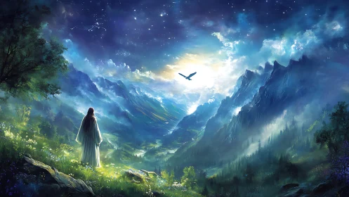 Figure observing illuminated valley beneath starry sky.