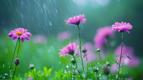Pink Daisies Dancing in the Rain