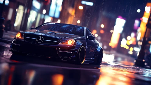 Sleek black sports car glowing warmly on a rainy city night.