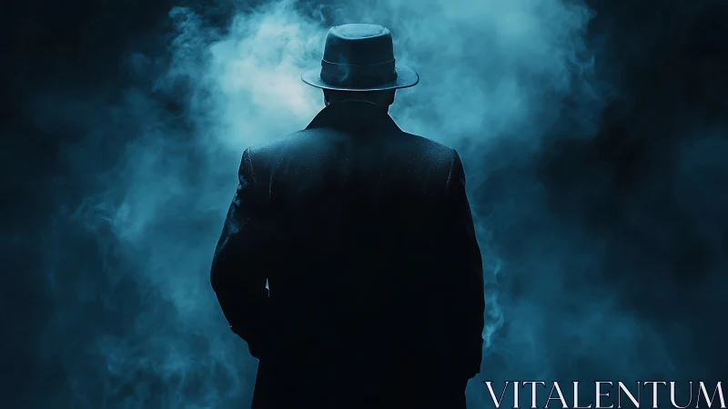 Mysterious man in fedora stands in blue fog, back turned.