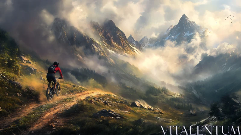 Mountain biker climbs misty alpine trail toward jagged peaks.