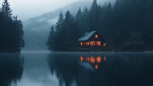 Lakeside cabin glows like ember in mist-veiled evergreen dusk.