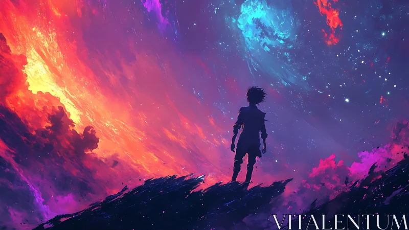 Silhouette on cliff under vivid cosmic sky at twilight.