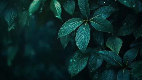 Dark green leaves with raindrops in soft natural light.
