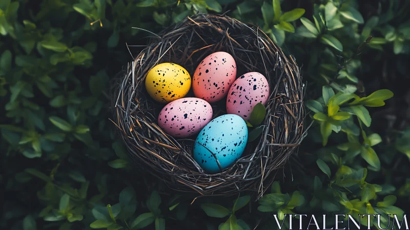 Speckled pastel eggs resting in a nest amid glossy leaves.