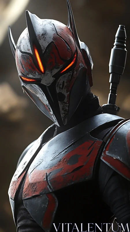 Armored cyber warrior with glowing visor and distressed plating.