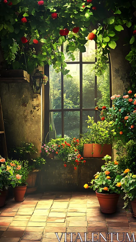 Sunlit interior terrace with potted plants and window view