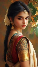 Woman in traditional Indian attire with floral hair adornment.
