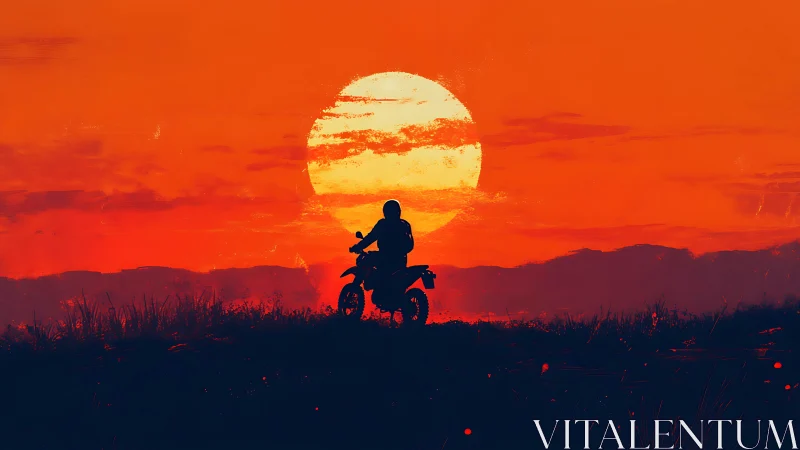 Motorcyclist silhouette before large sun at red sunset horizon.