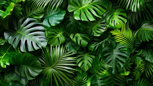 Overlapping tropical leaves form dense green foliage texture