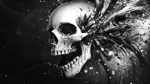 Monochrome exploding skull rendered in dynamic digital strokes