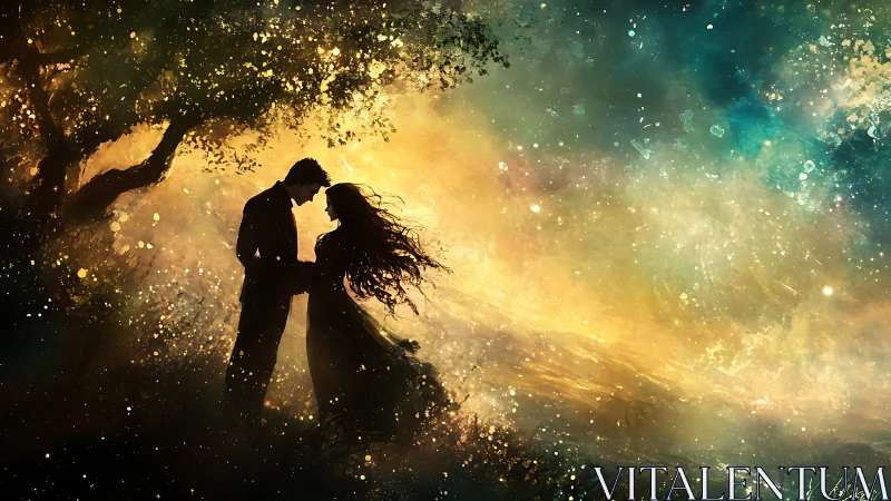 Silhouetted Couple Embracing Under Golden Enchanted Tree.