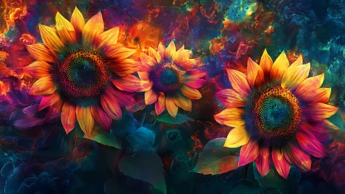 Vibrant digital sunflowers against swirling cosmic nebula.