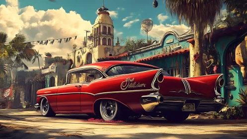Crimson lowrider dreams roll through sunlit tropical streets.