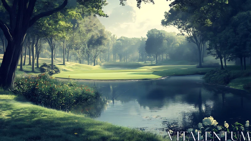 Morning hush over misty golf green and reflective pond.