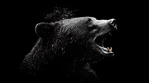 Roaring bear profile on black background in stark contrast.