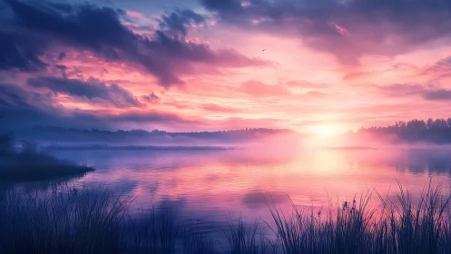 Sky drinks the lake as neon dawn rolls over quiet reeds