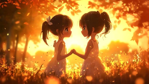 Twinned summer sparks hold hands in a glowing leafstorm