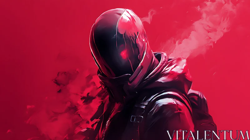 Crimson-hooded phantom stalks through smoke and neon haze.