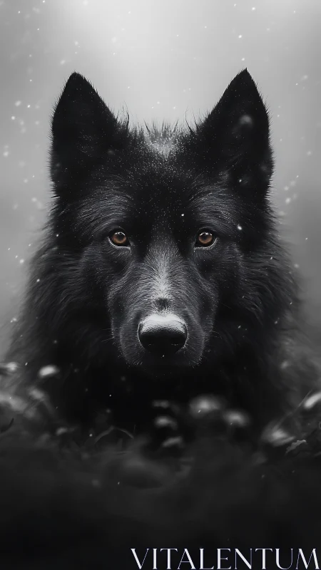 Black wolf portrait in falling snow, intense eye contact.