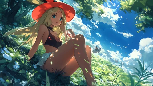 Anime girl in red sunhat resting in bright forest clearing.