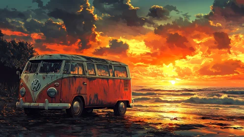 Vintage VW microbus rendered against hyper-saturated sunset surf