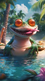 Sunny beach day with a joyful, big-eyed cartoon gator friend.