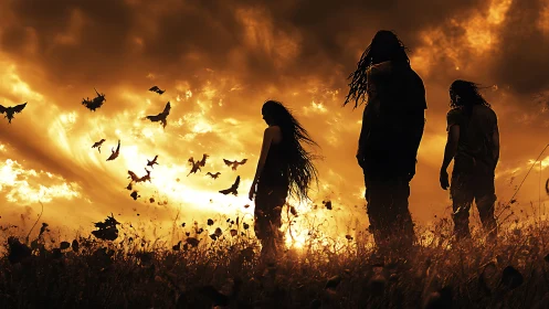 Silhouetted wanderers crossing fiery dusk field horizon.