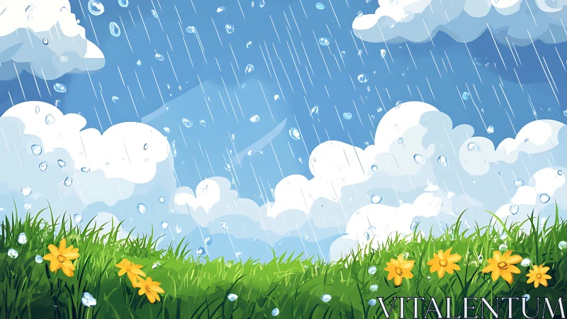 Rainfall over grassy field with yellow flowers under clouds.