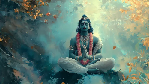 Serene blue deity meditates in a glowing autumn forest