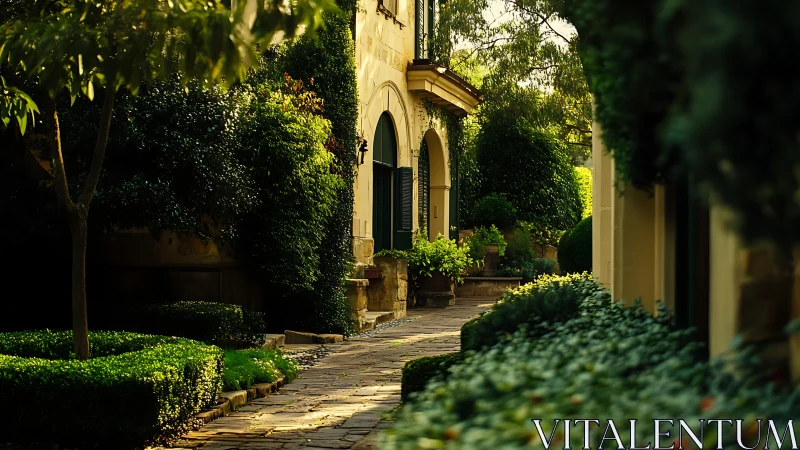 Sun-drenched garden walkway embracing a quiet villa facade.