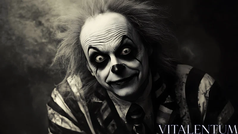 High-contrast monochrome portrait of deranged clown character