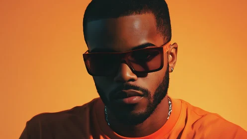 Monochrome orange portrait with high-contrast optical shading.