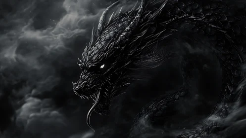 Midnight obsidian dragon coils through storm forged shadow.