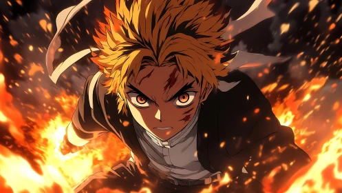 Anime character in forward motion framed by dynamic flames