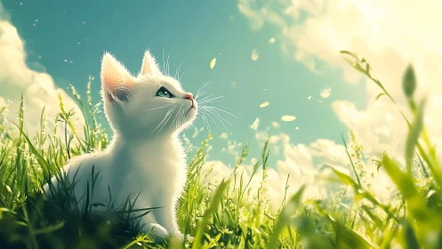 White Kitten Gazing Upward in Summer Meadow