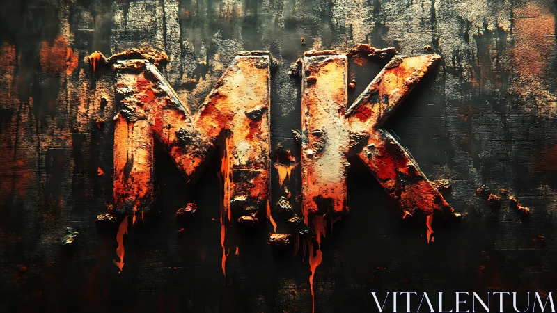 Rugged molten MK letters glow against a dark charred wall