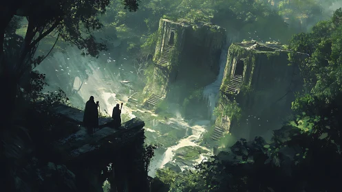 Mystic cloaked figures survey misty jungle stone ruins.