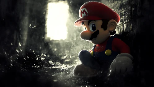 Cinematic 3D render of plumber character in wet tunnel gloom