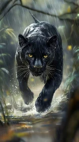 Black Panther in Rain: Digital Wildlife Portrait with Atmospheric Water Effects.