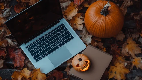 Autumn leaves surround laptop and pumpkins in cozy workspace.