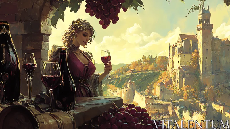Sunlit vintner savors red wine above a golden hilltop town