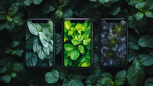 Three smartphones with vivid plant screens on green leaves.