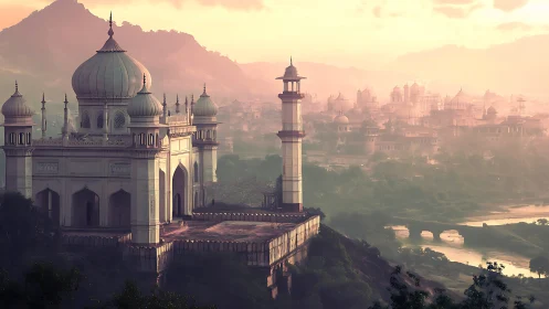 Mist-laced domed citadel above a dreamlike river valley.